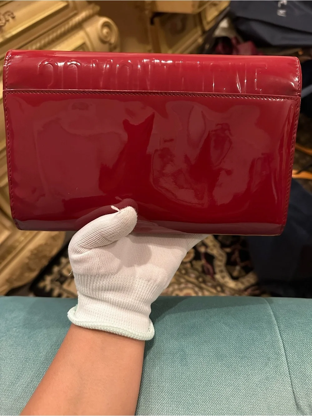 Dior Red Patent Leather Clutch with Gold CD Emblem and Chain